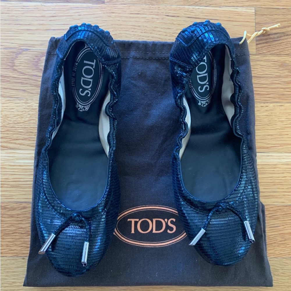 NWOB Tod’s Lacette Womens Patent Black Tassel Front Ballet Flats Shoes Sz 37 7 - Picture 9 of 11